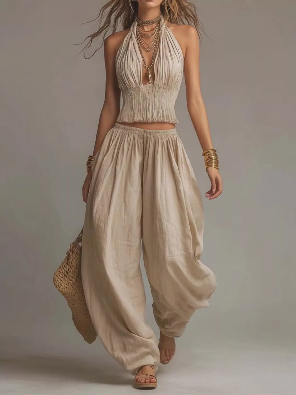 Full Size Halter Neck Top and Wide-Leg Harem Pants Two-Piece Set Plus Size - Lilixa.store