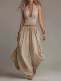 Full Size Halter Neck Top and Wide-Leg Harem Pants Two-Piece Set Plus Size - Lilixa.store