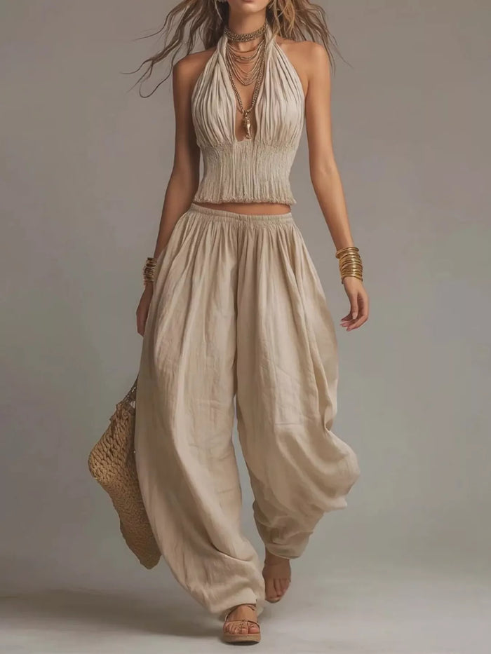 Full Size Halter Neck Top and Wide-Leg Harem Pants Two-Piece Set Plus Size - Lilixa.store