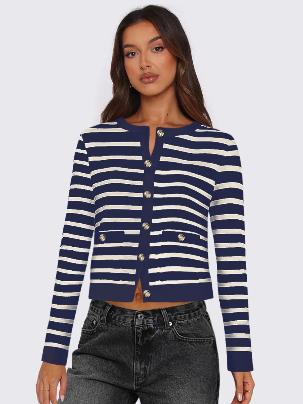 Striped Round Neck Button Up Long Sleeve Cardigan - Lilixa.store