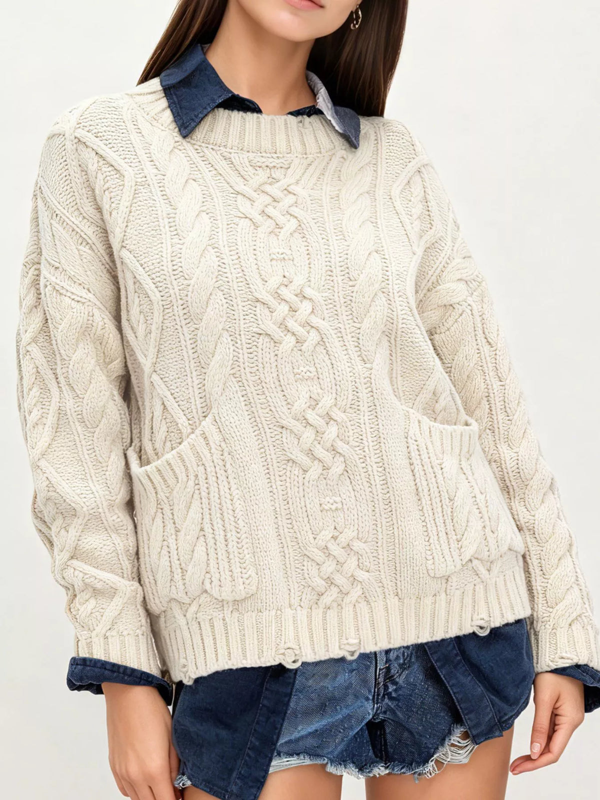 Cable-Knit Sweater with Front Pockets