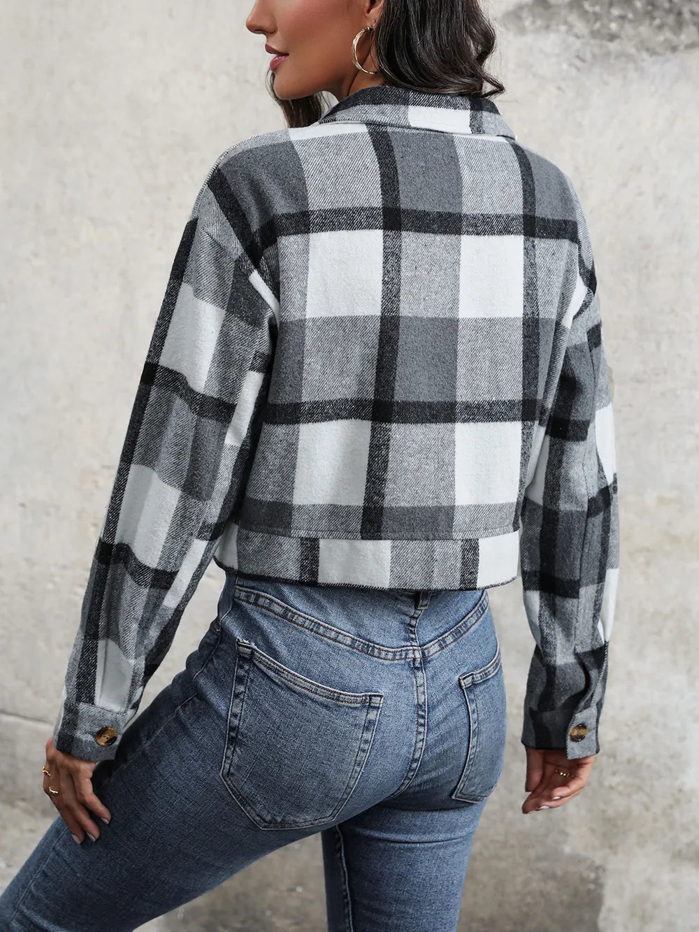 Perfee Plaid Button Up Drop Shoulder Cropped Jacket, view 12