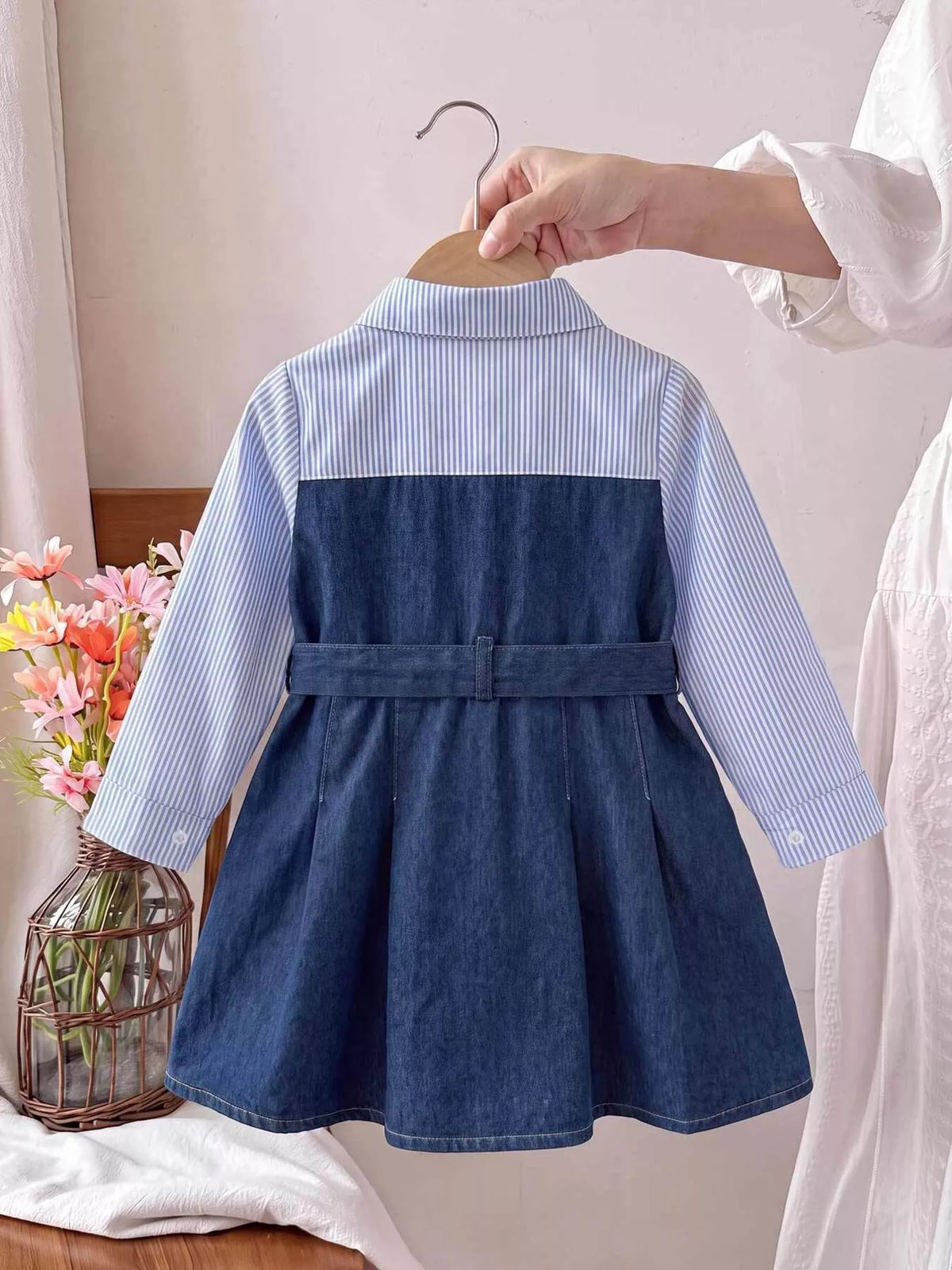 Children's Contrast Striped Denim Patchwork Dress with Belt in Blue, view 4