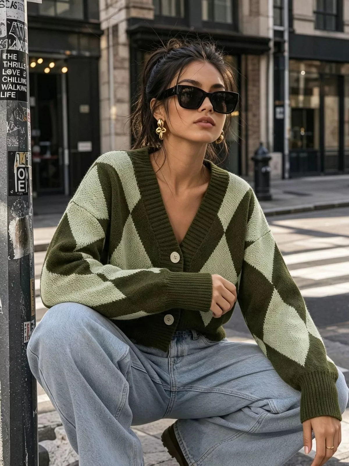 Argyle Pattern V-Neck Button-Down Cardigan, view 18