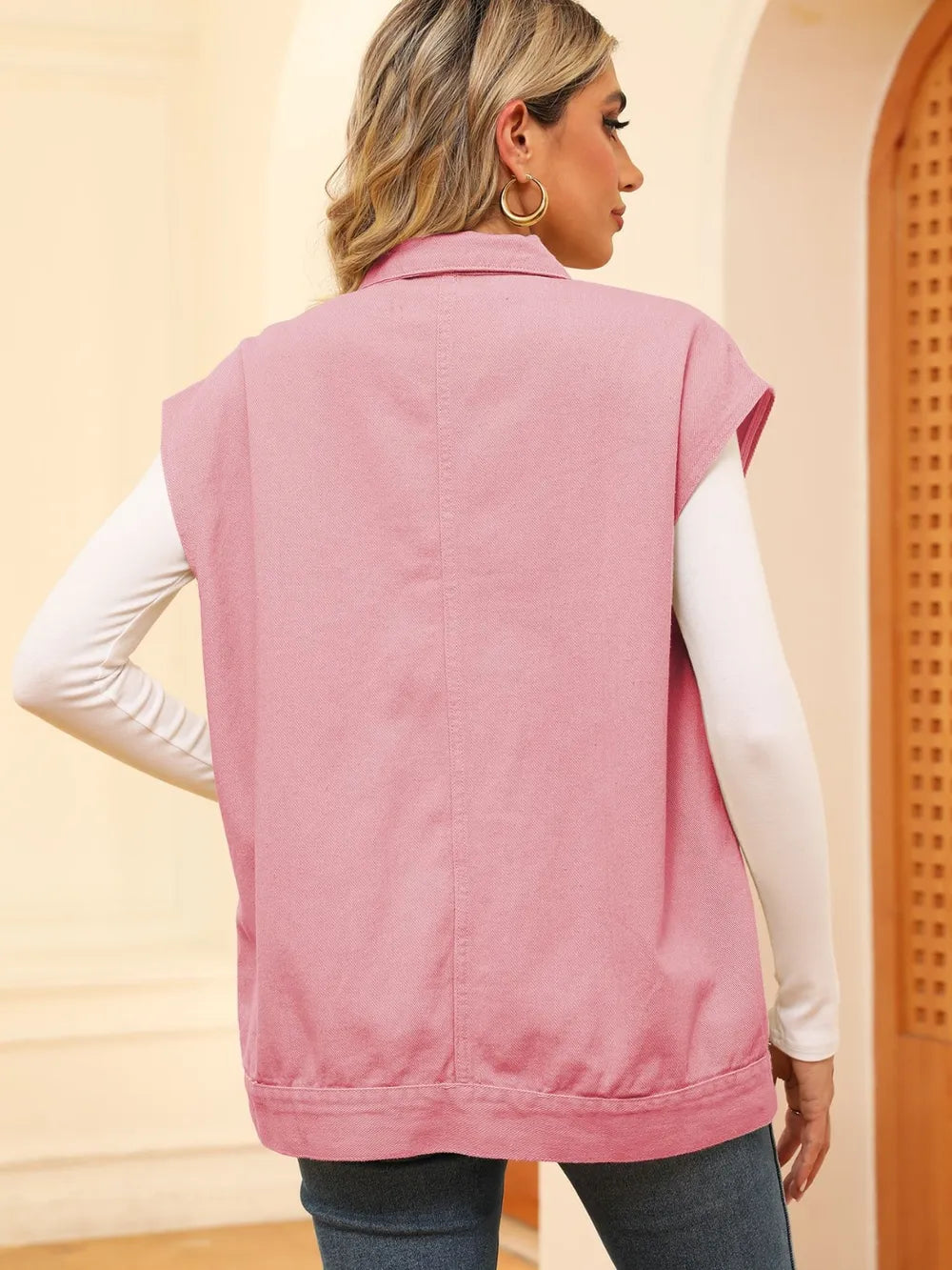 Pocketed Button Up Sleeveless Denim Jacket, view 7
