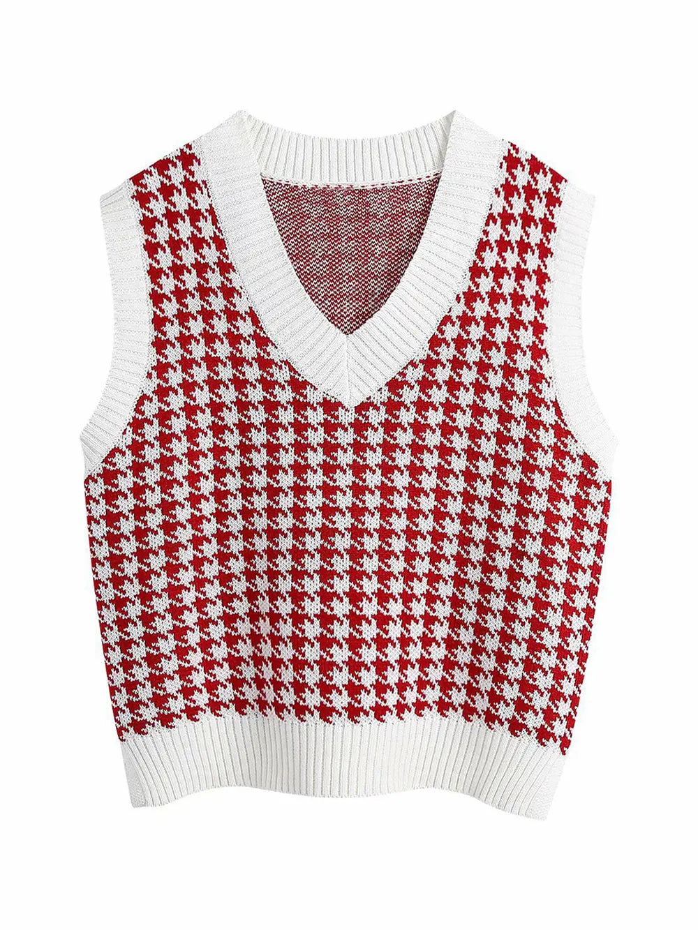 Houndstooth V-Neck Sweater Vest in Deep Red