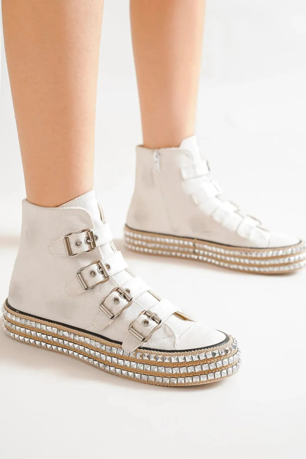 Beast Fashion Multi-Buckle Straps Studded Platform Sneakers - Lilixa.store