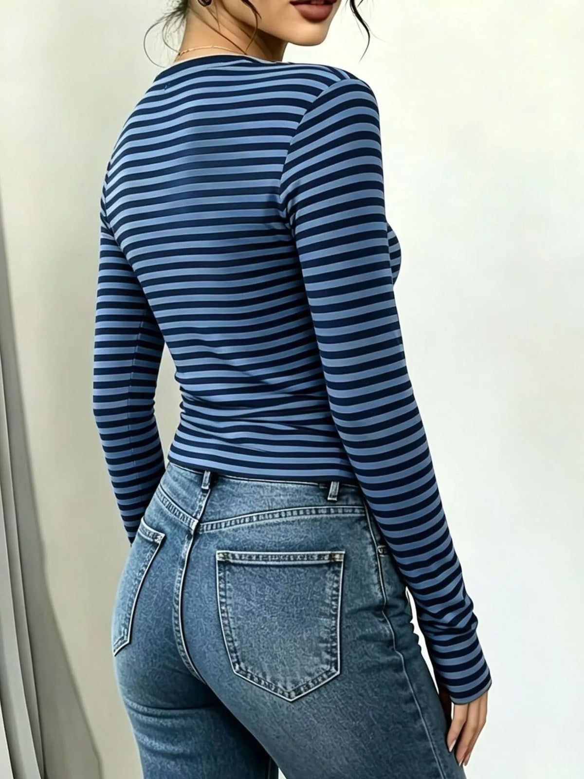Long Sleeve Striped T-Shirt with Front Tie Detail, view 15
