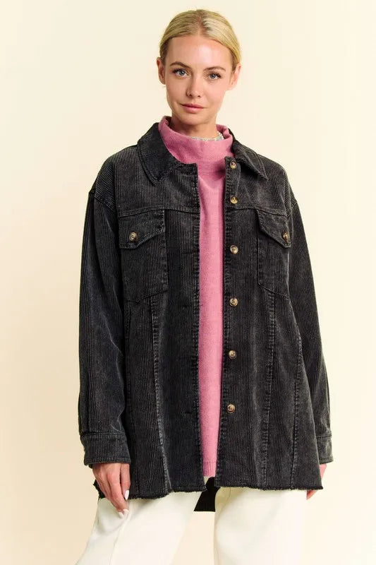 Davi & Dani Washed Corduroy Raw Hem Button Up Jacket in Black, view 4
