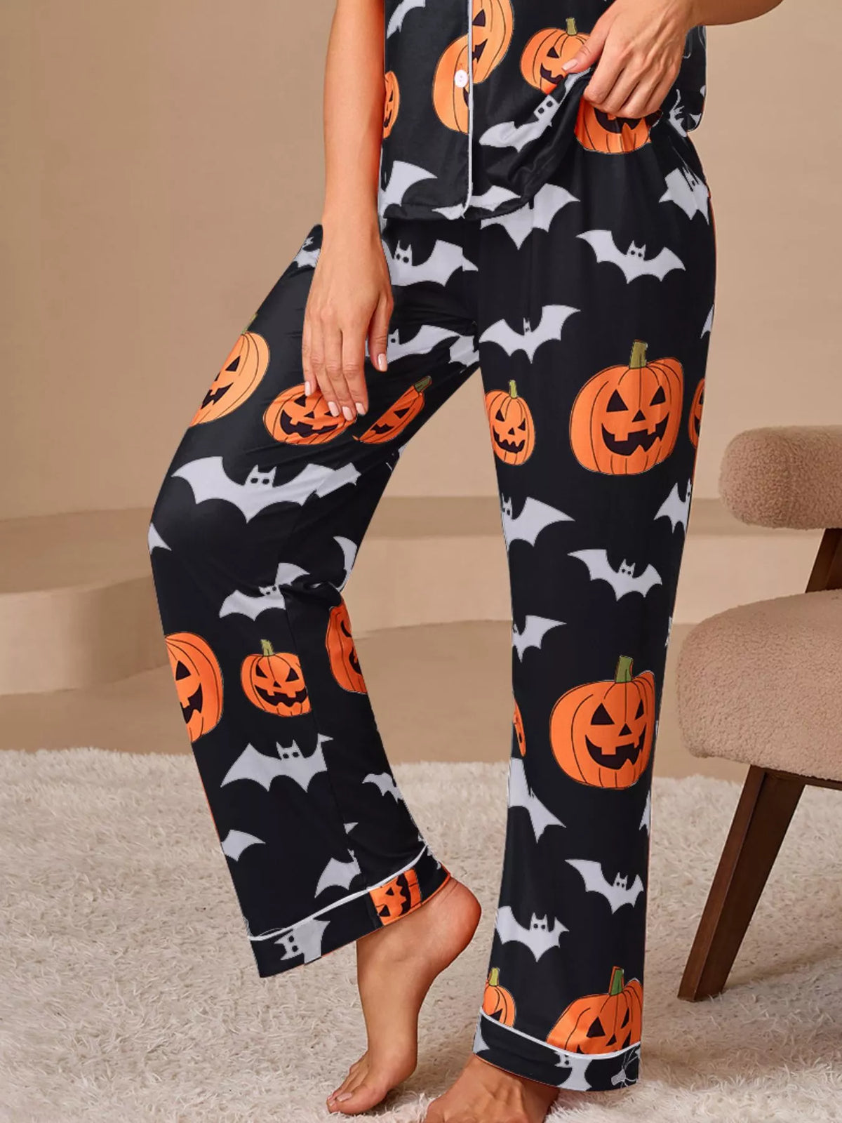Halloween Pumpkin and Bat Print Button-Down Top and Pants Lounge Set - Lilixa.store