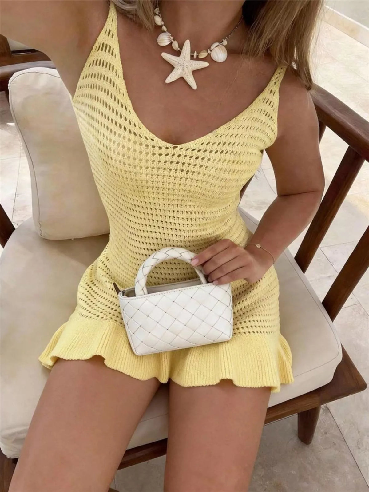 V-Neck Crochet Knit Sweater Dress, view 2