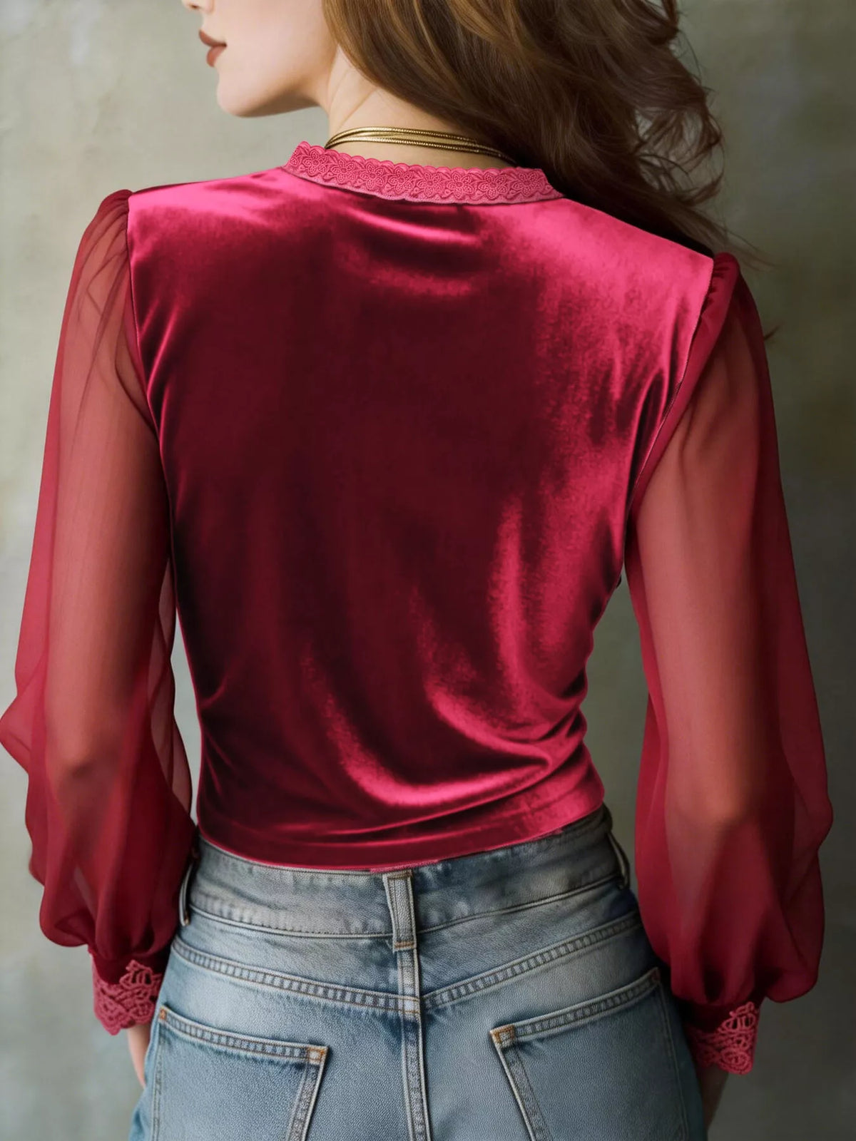 Lace Trim Sheer Long Sleeve Blouse - Lilixa.store