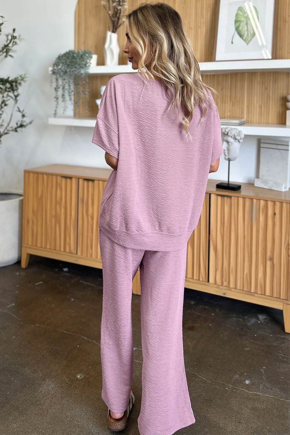 Double Take Full Size Texture Short Sleeve Top and Pants Set, view 9
