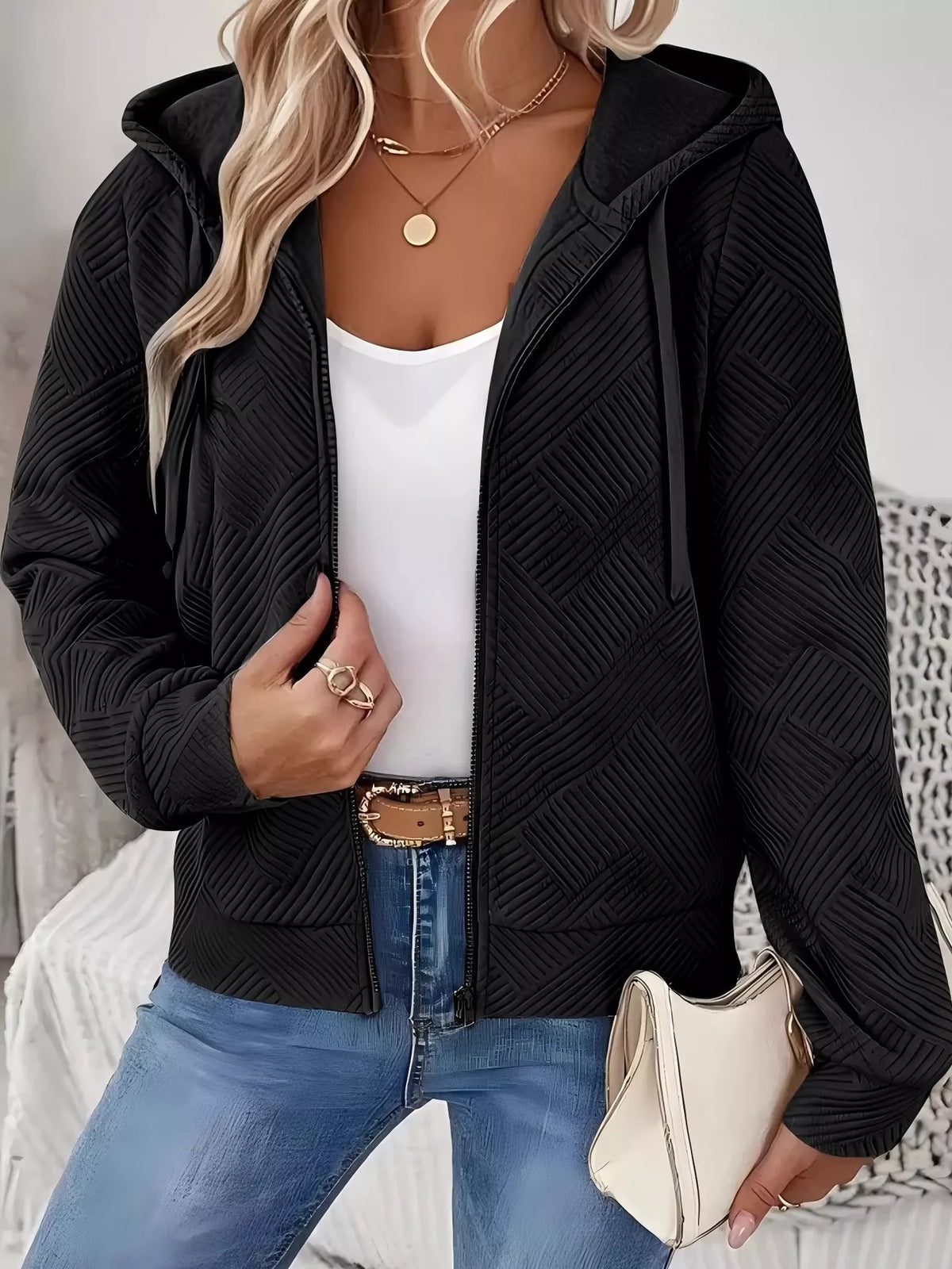 Textured Zip-Up Hooded Jacket in Black