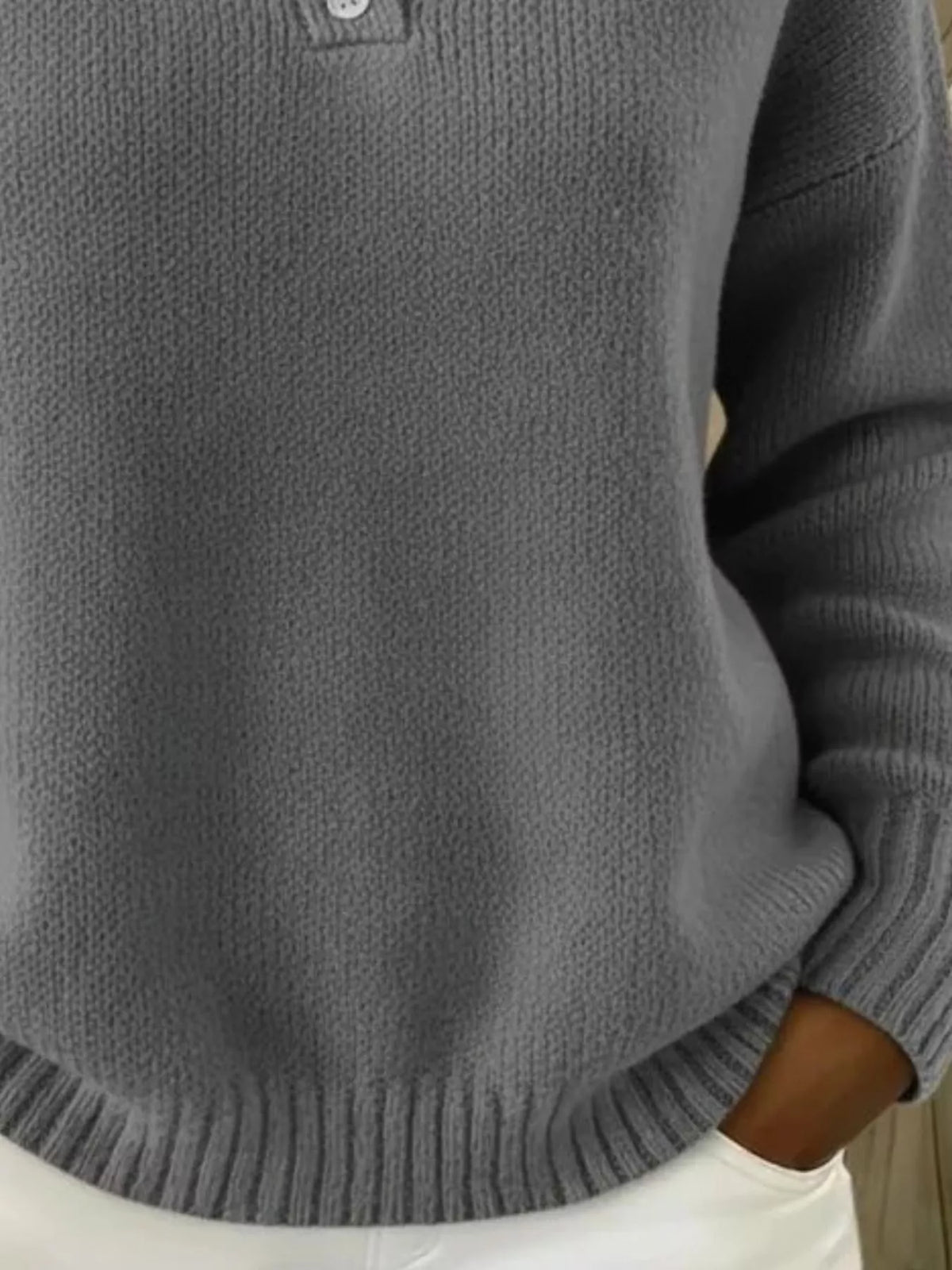 Full Size Button Detail Dropped Shoulder Sweater Plus Size
