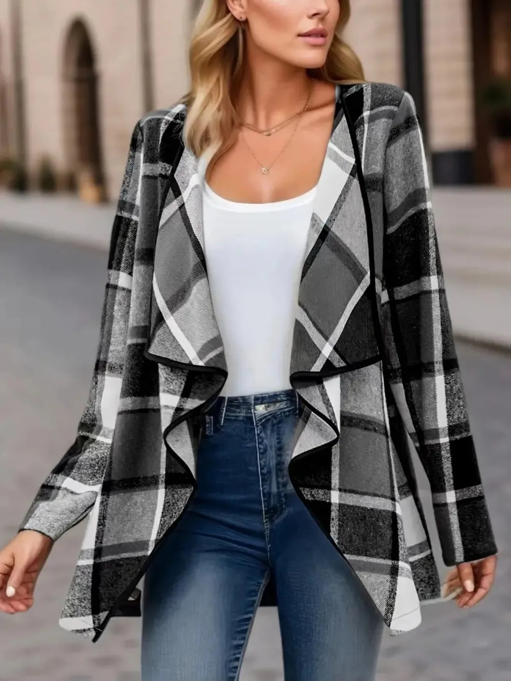 Plaid Open Front Long Sleeve Jacket, view 8
