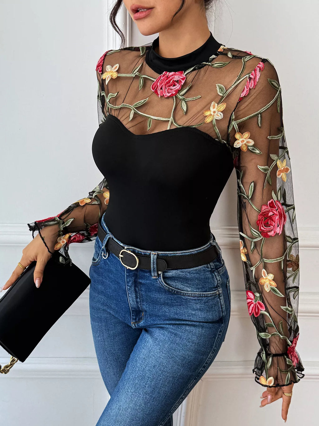 Floral Embroidered Mesh Long Sleeve Bodysuit - Lilixa.store