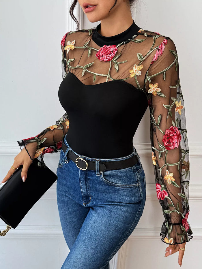 Floral Embroidered Mesh Long Sleeve Bodysuit - Lilixa.store