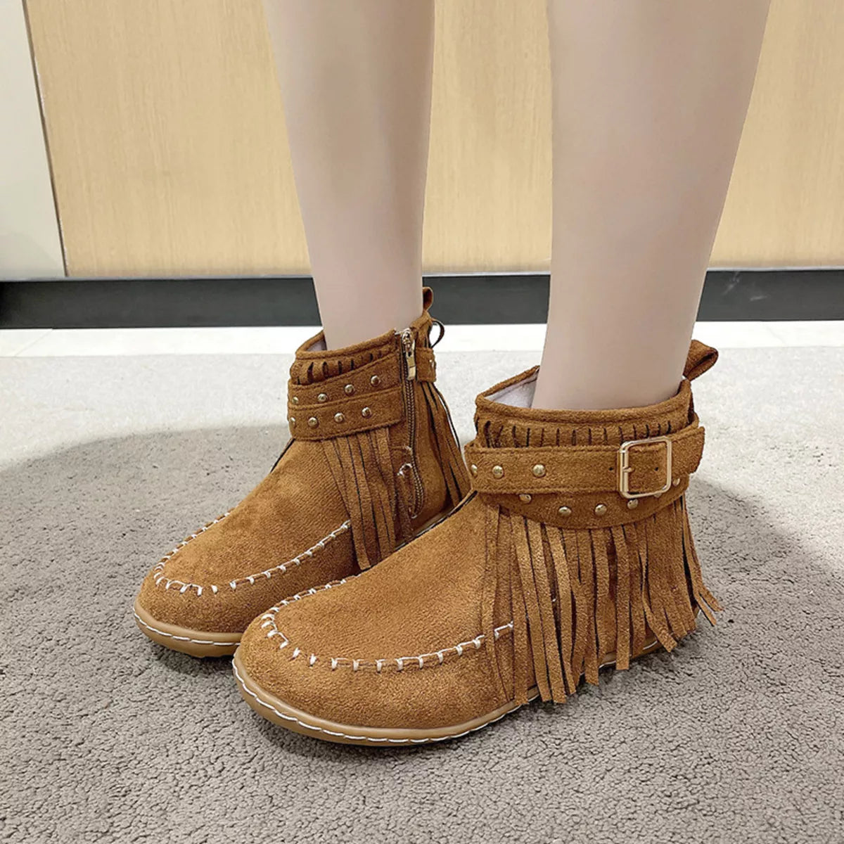 Fringe Round Toe Flats Boots - Lilixa.store