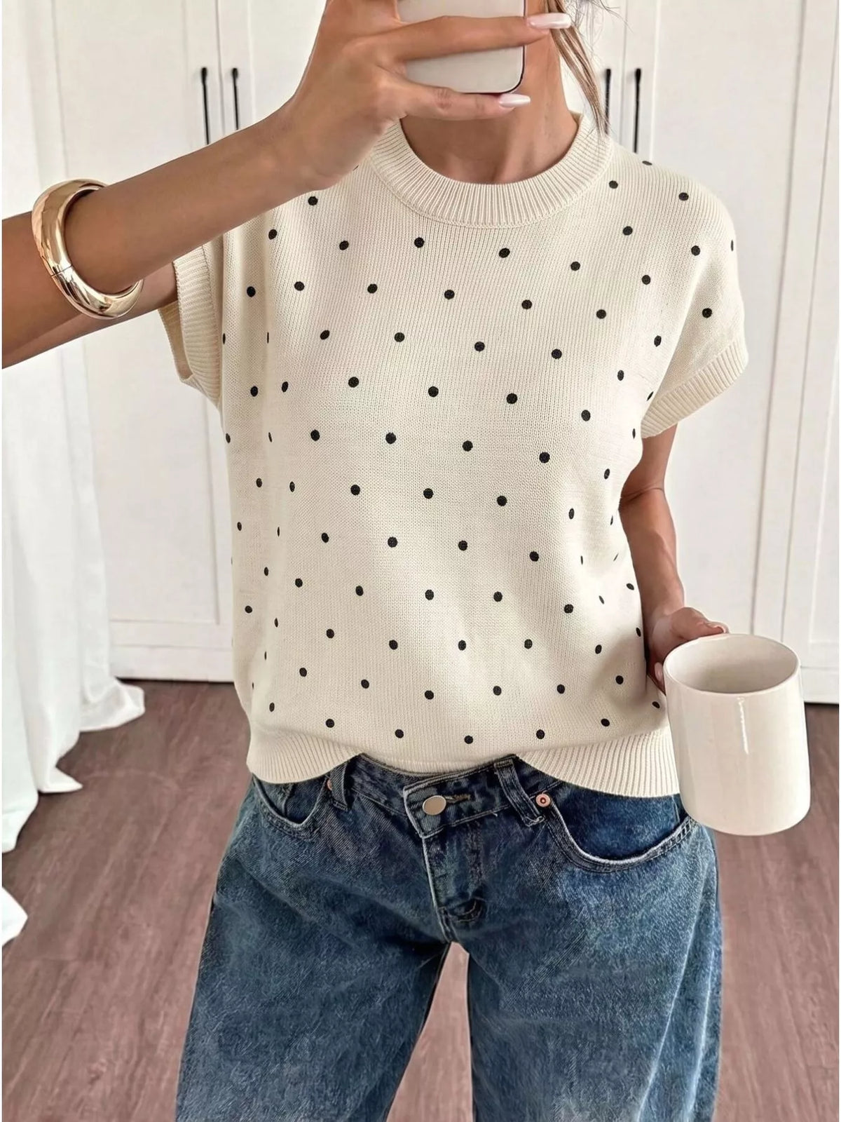 Polka Dot Short Sleeve Knit Sweater in Apricot