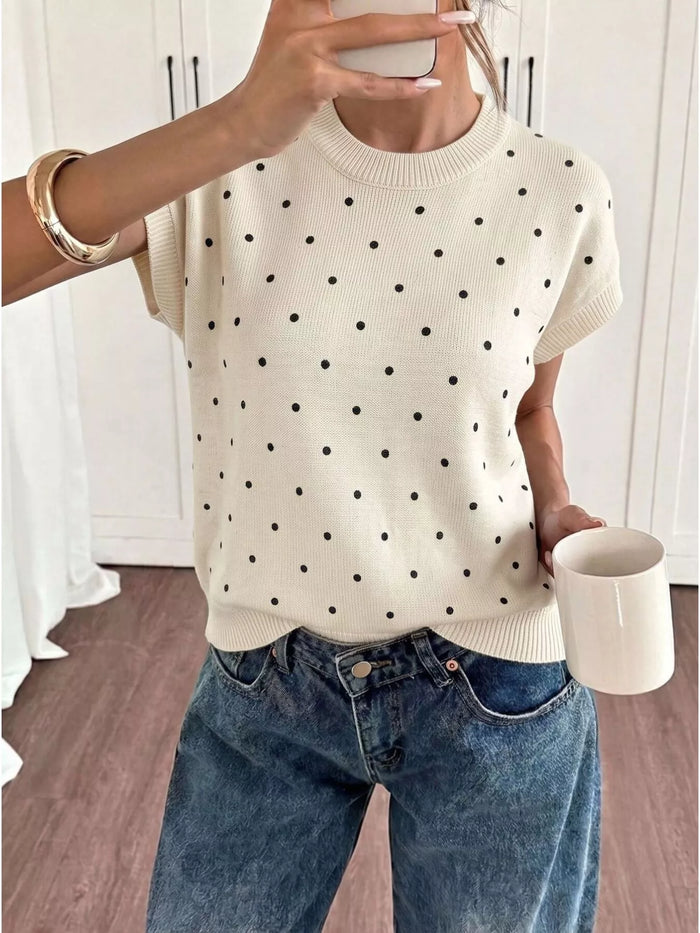 Polka Dot Short Sleeve Knit Sweater in Apricot