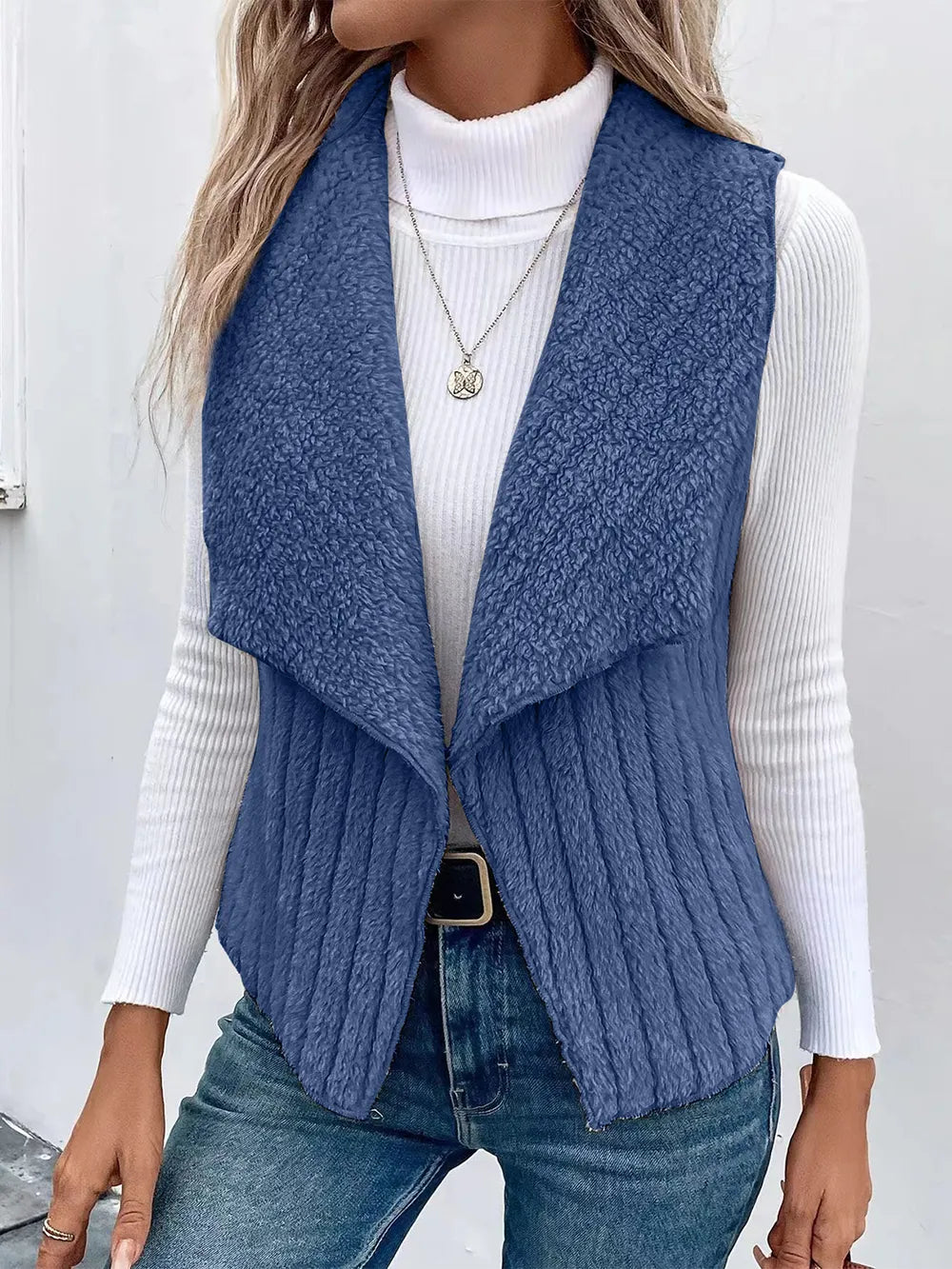 Open Front Fuzzy Vest Coat in Dusty Blue