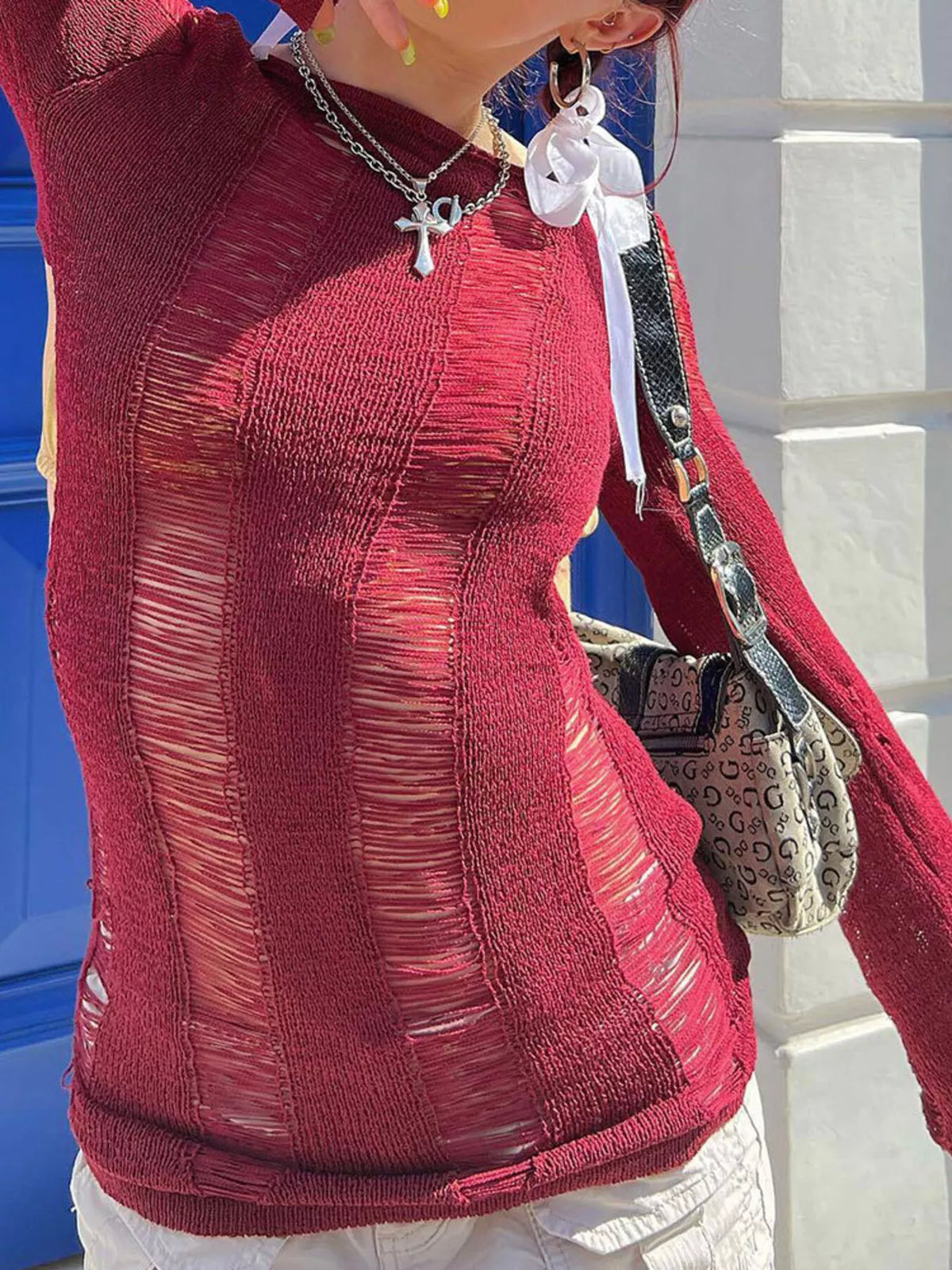 Backless Distressed Long Sleeve Knit Cover Up - Lilixa.store