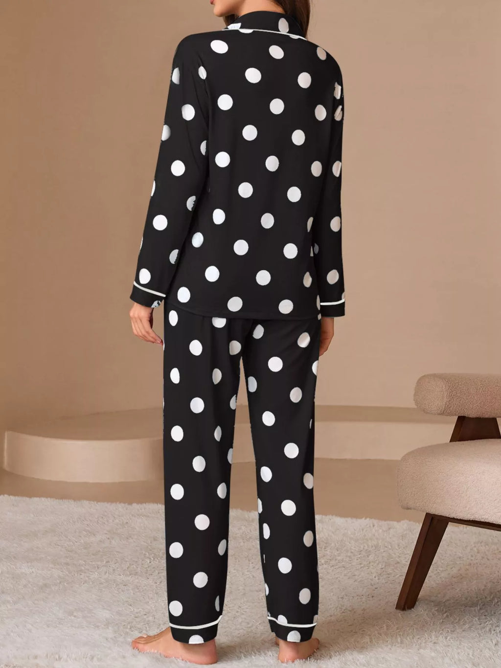 Polka Dot Button-Down Top and Pants Lounge Set - Lilixa.store