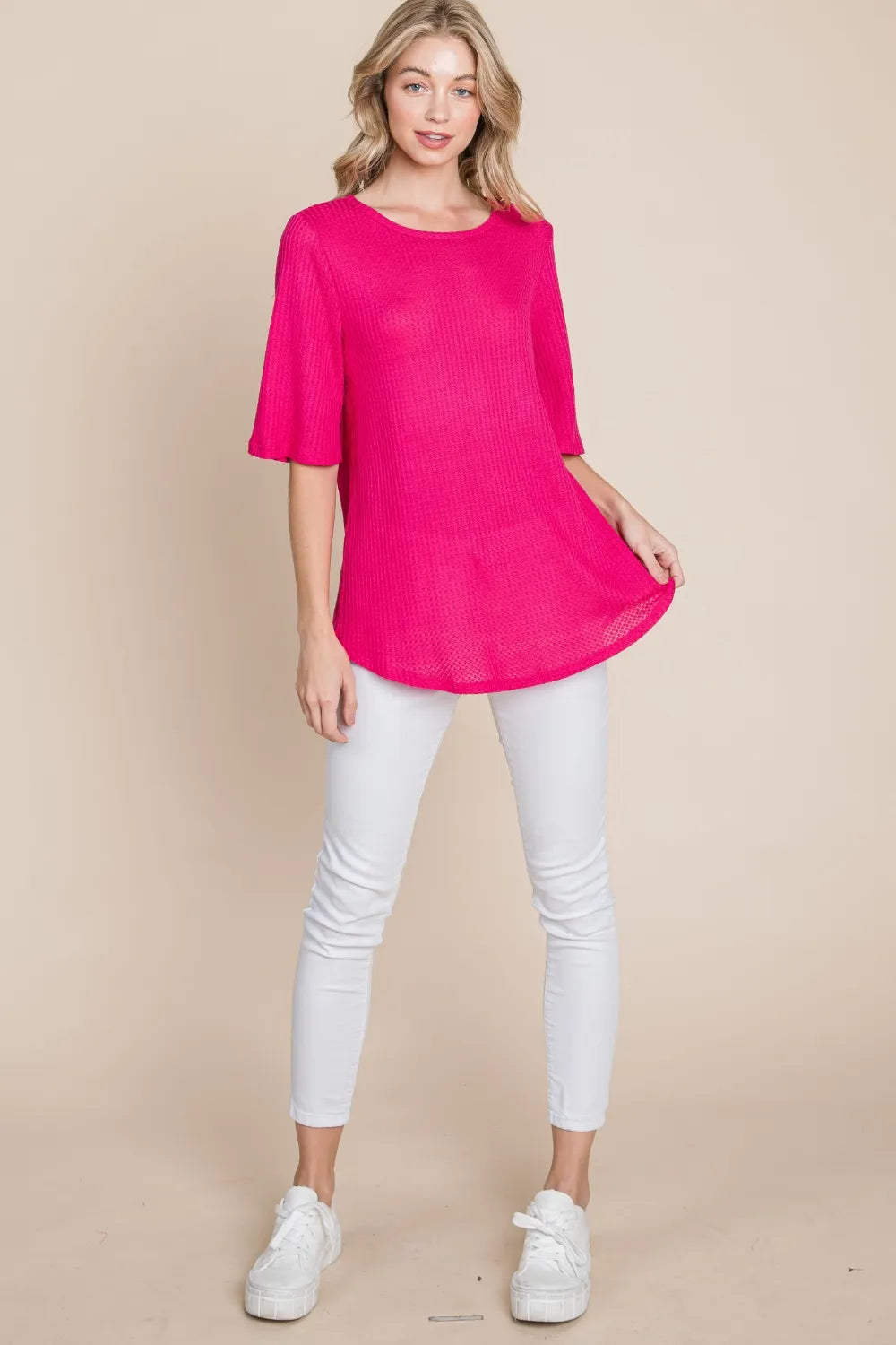 BOMBOM Round Neck Waffle Knit T-Shirt - Lilixa.store