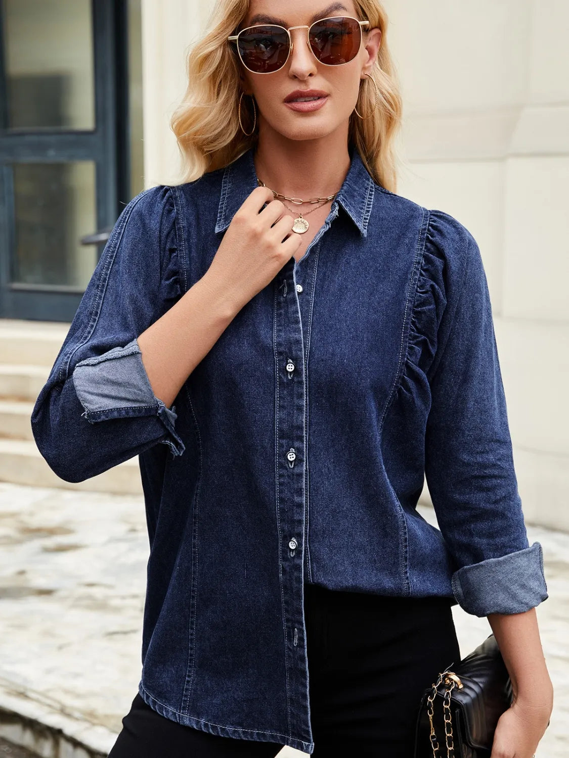 Button Down Collared Neck Denim Shirt - Lilixa.store
