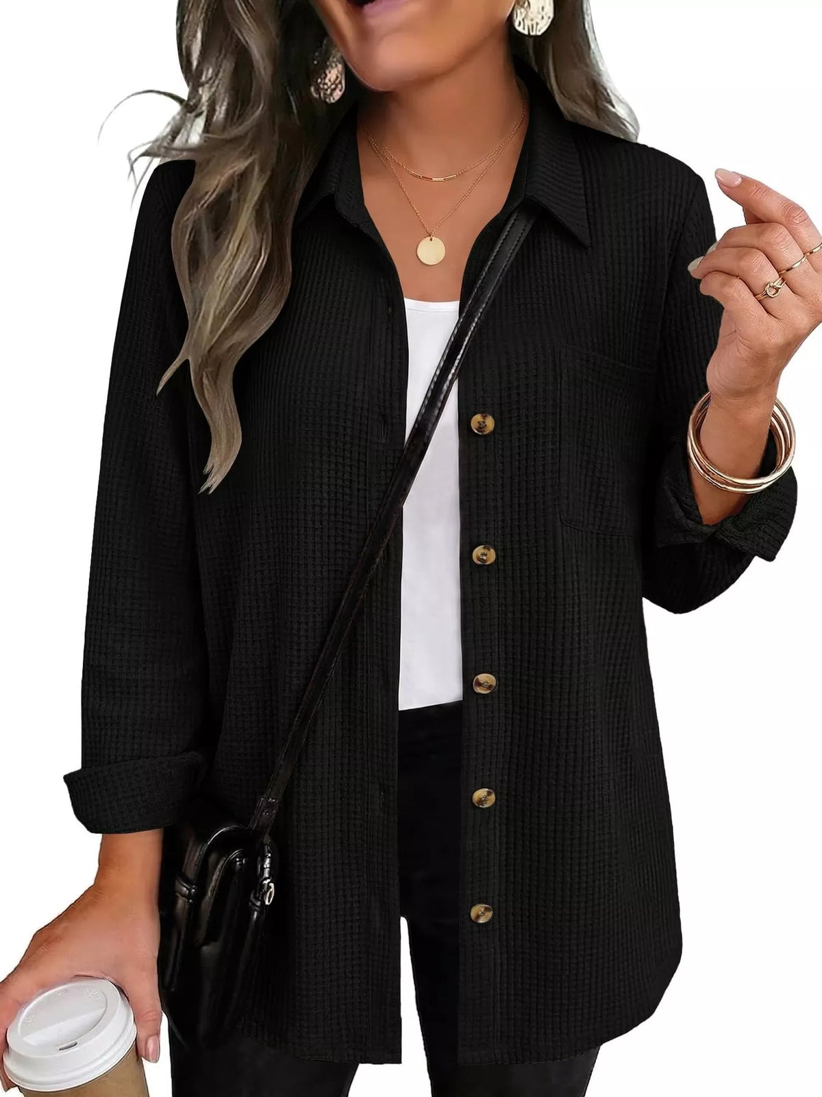 Waffle Knit Button-Down Long Sleeve Shirt - Lilixa.store