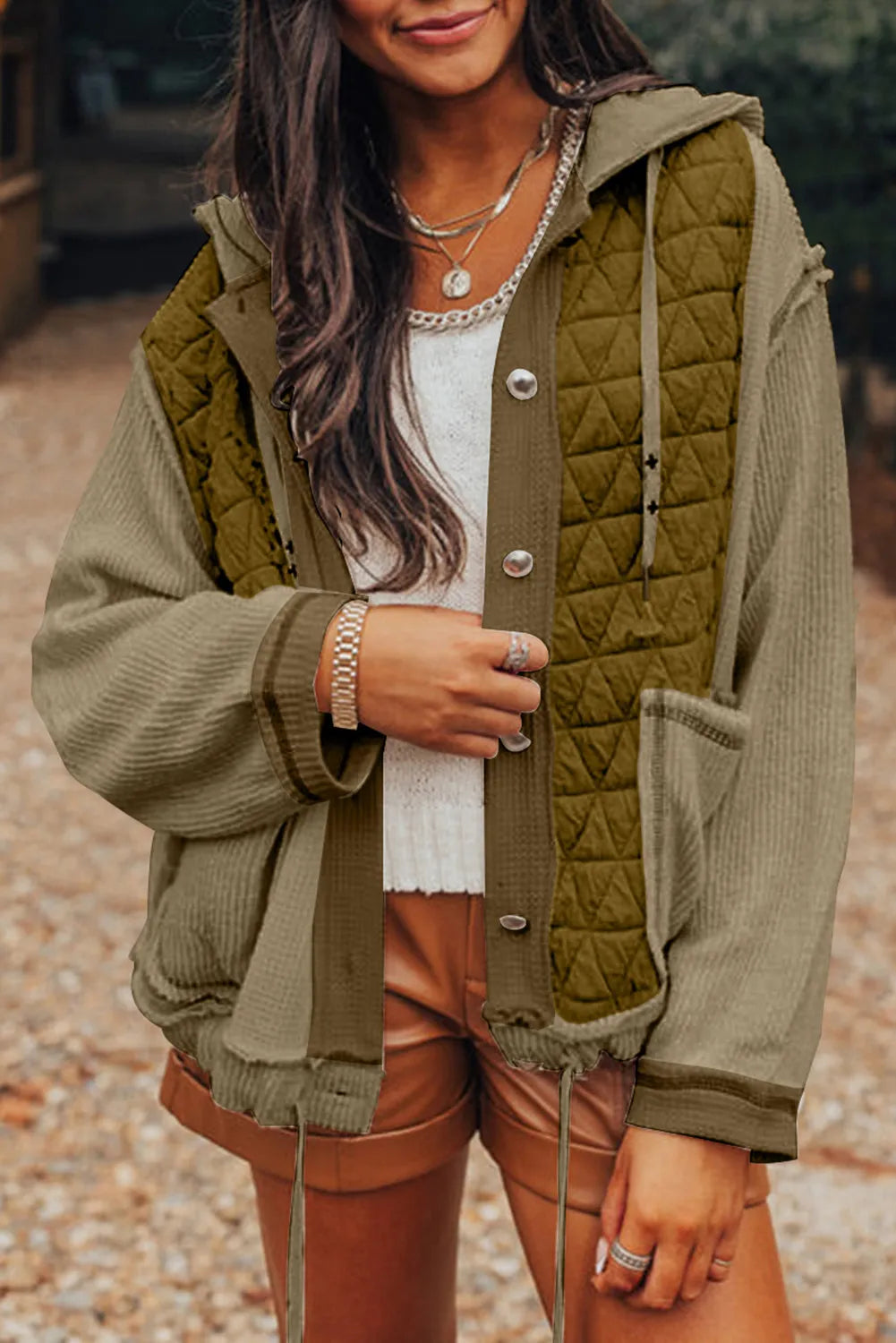 Drawstring Color Block Long Sleeve Jacket in Olive