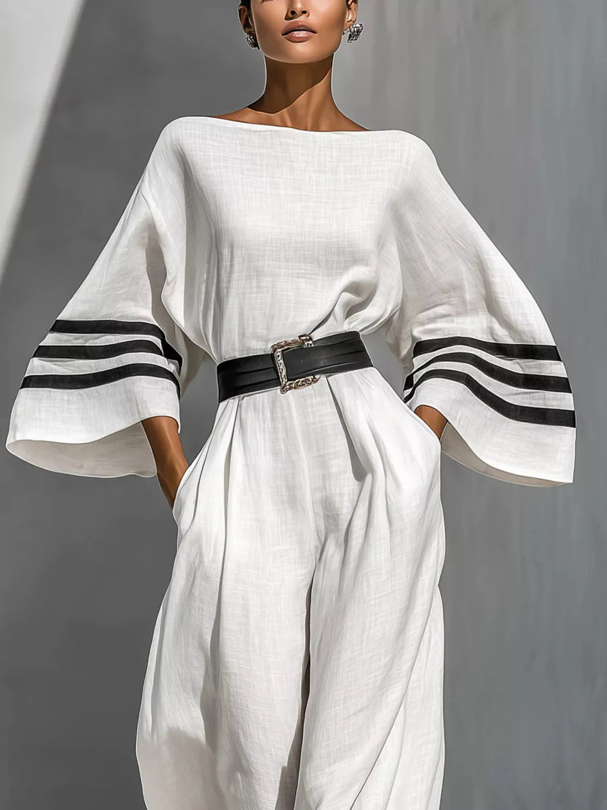 Wide Sleeve and Contrast Striped Jumpsuit in White