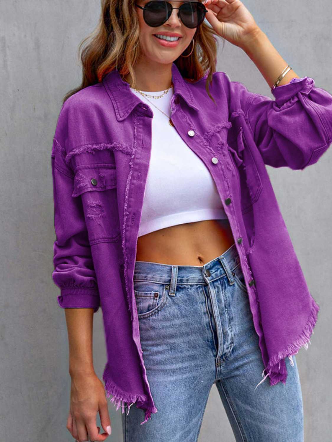 Distressed Drop Shoulder Denim Jacket - Lilixa.store