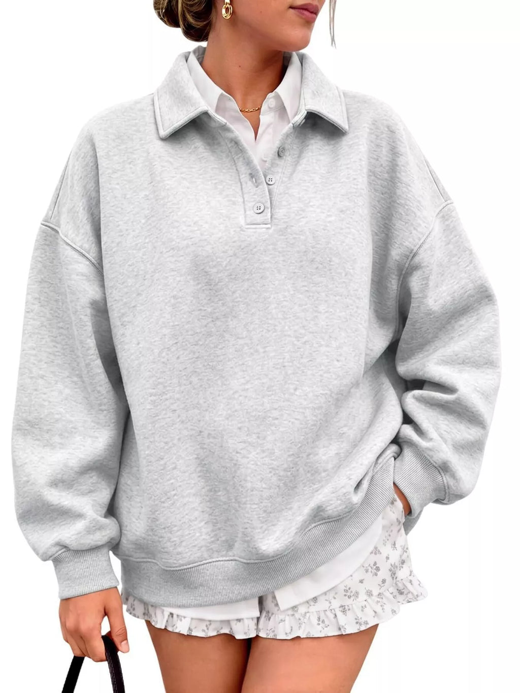 Button Detail Dropped Shoulder Sweatshirt - Lilixa.store