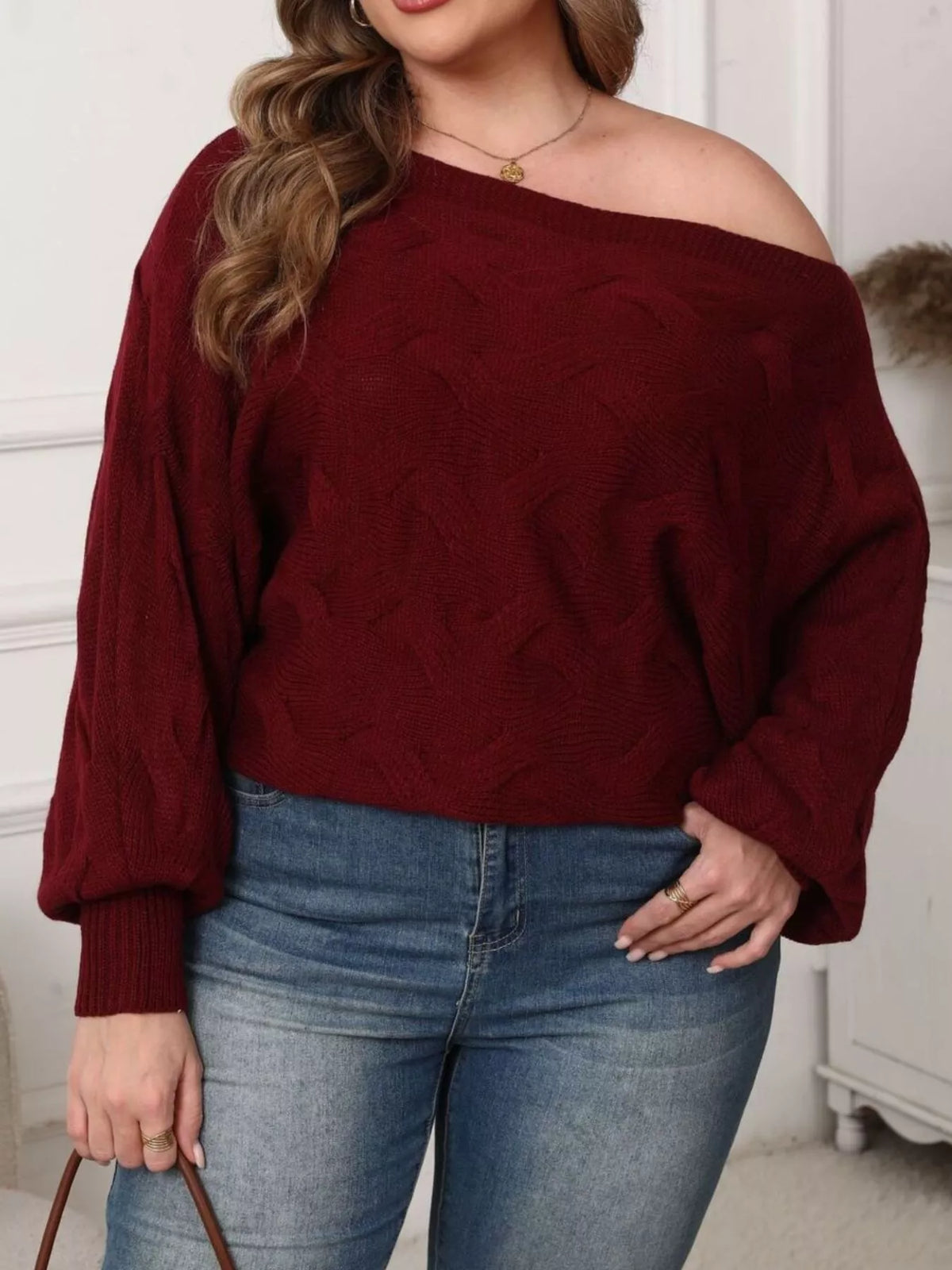 Plus Size Off-Shoulder Long Sleeve Sweater - Lilixa.store