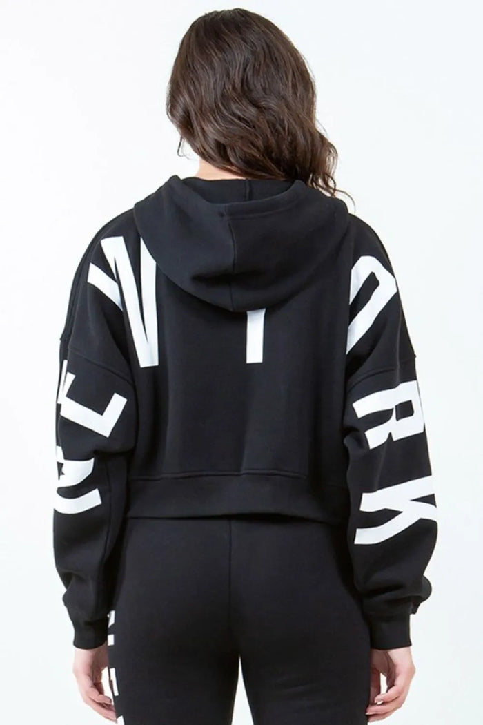 American Bazi Letter Graphic Long Sleeve Drawstring Cropped Hoodie - Lilixa.store