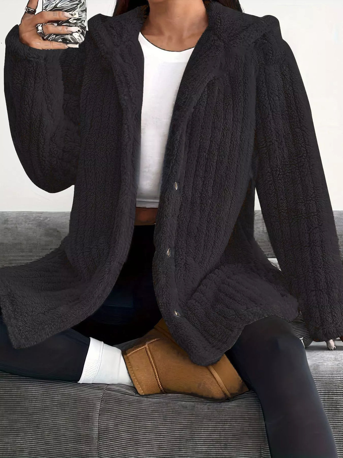 Full Size Fleece Button Up Hooded Outerwear Plus Size in Black