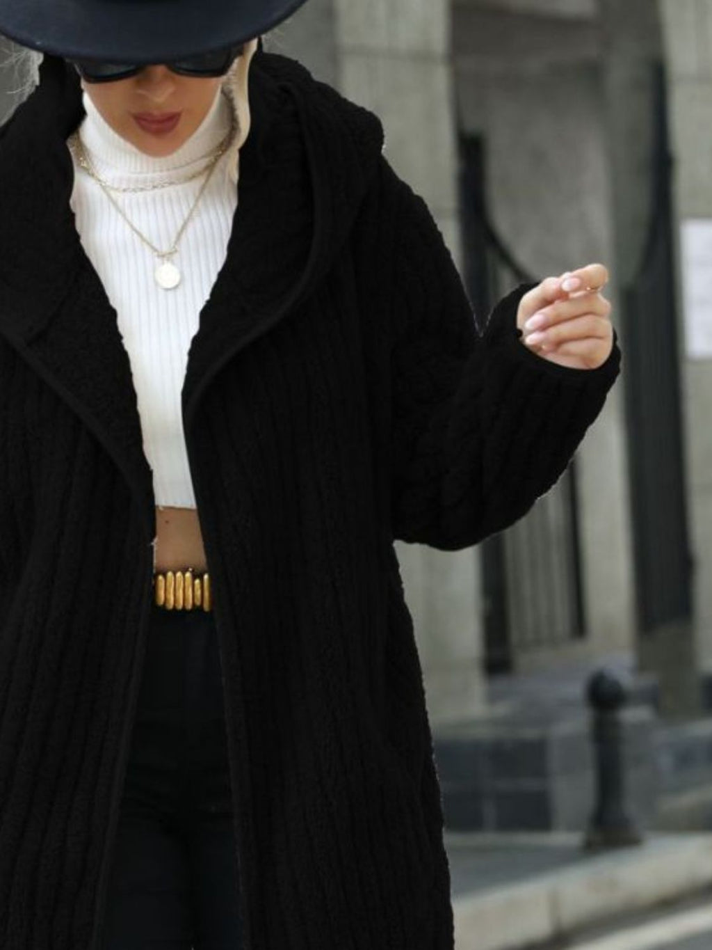 Open Front Ribbed Hooded Coat - Lilixa.store