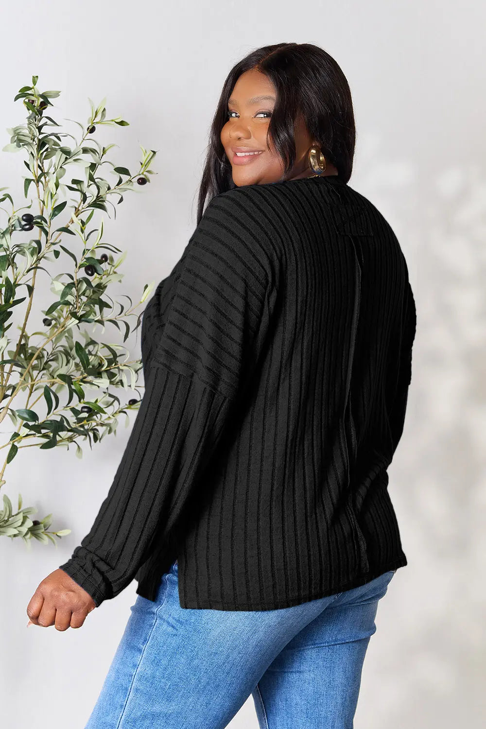 Basic Bae Full Size Ribbed Round Neck Slit Knit Top - Lilixa.store