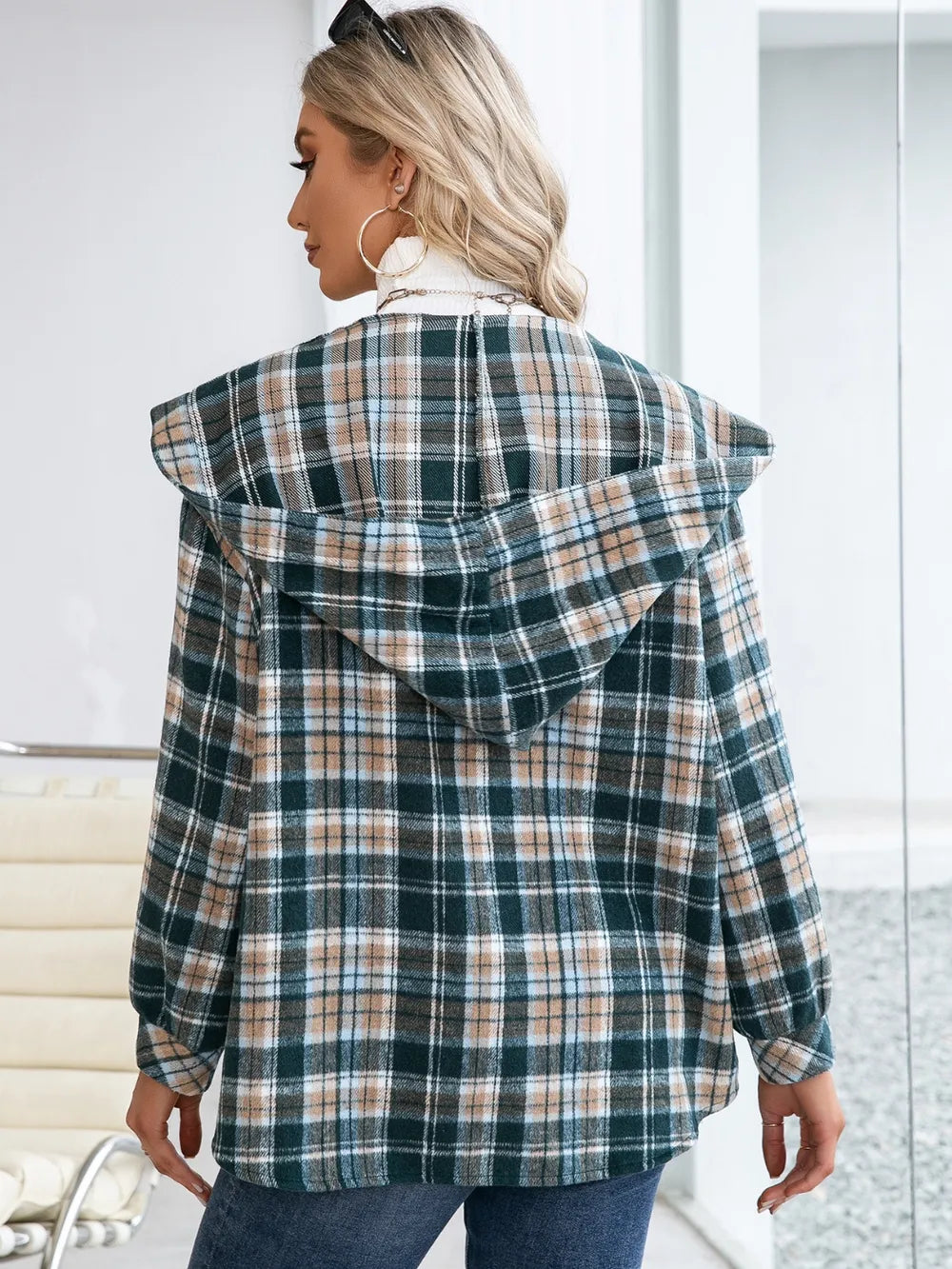 Ivy Lane Plaid Snap Down Hooded Jacket in Deep Teal, view 3