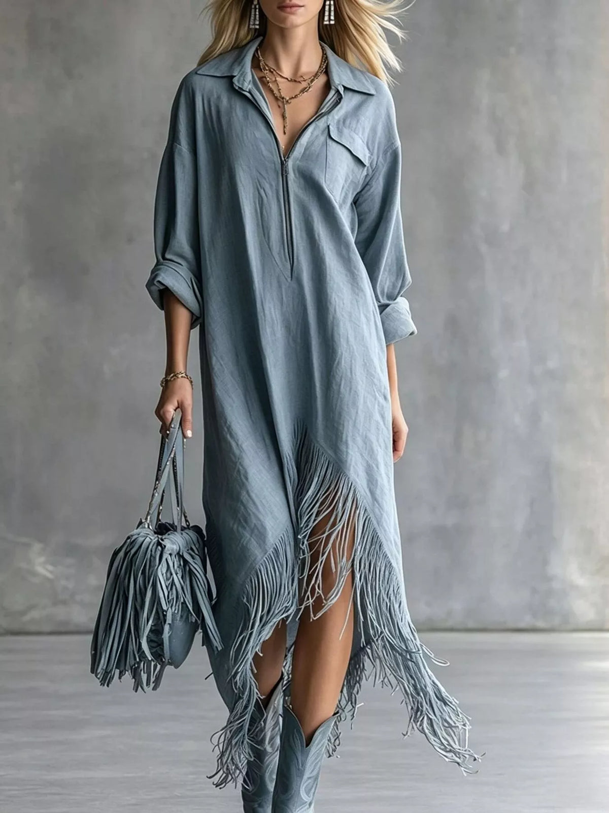 Zipper-Front Fringe Hem Midi Dress - Lilixa.store