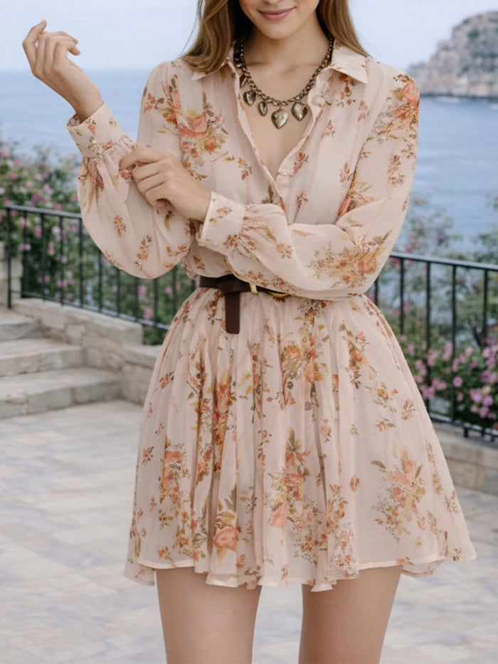 Full Size Floral Print Long Sleeve Shirt Dress Plus Size in Tan