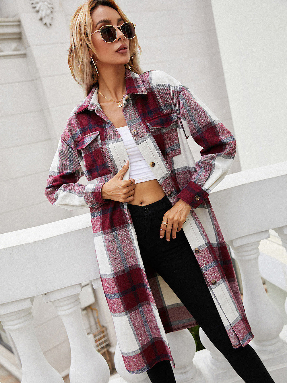 Ivy Lane Plaid Longline Shirt Jacket in Burgundy, view 3
