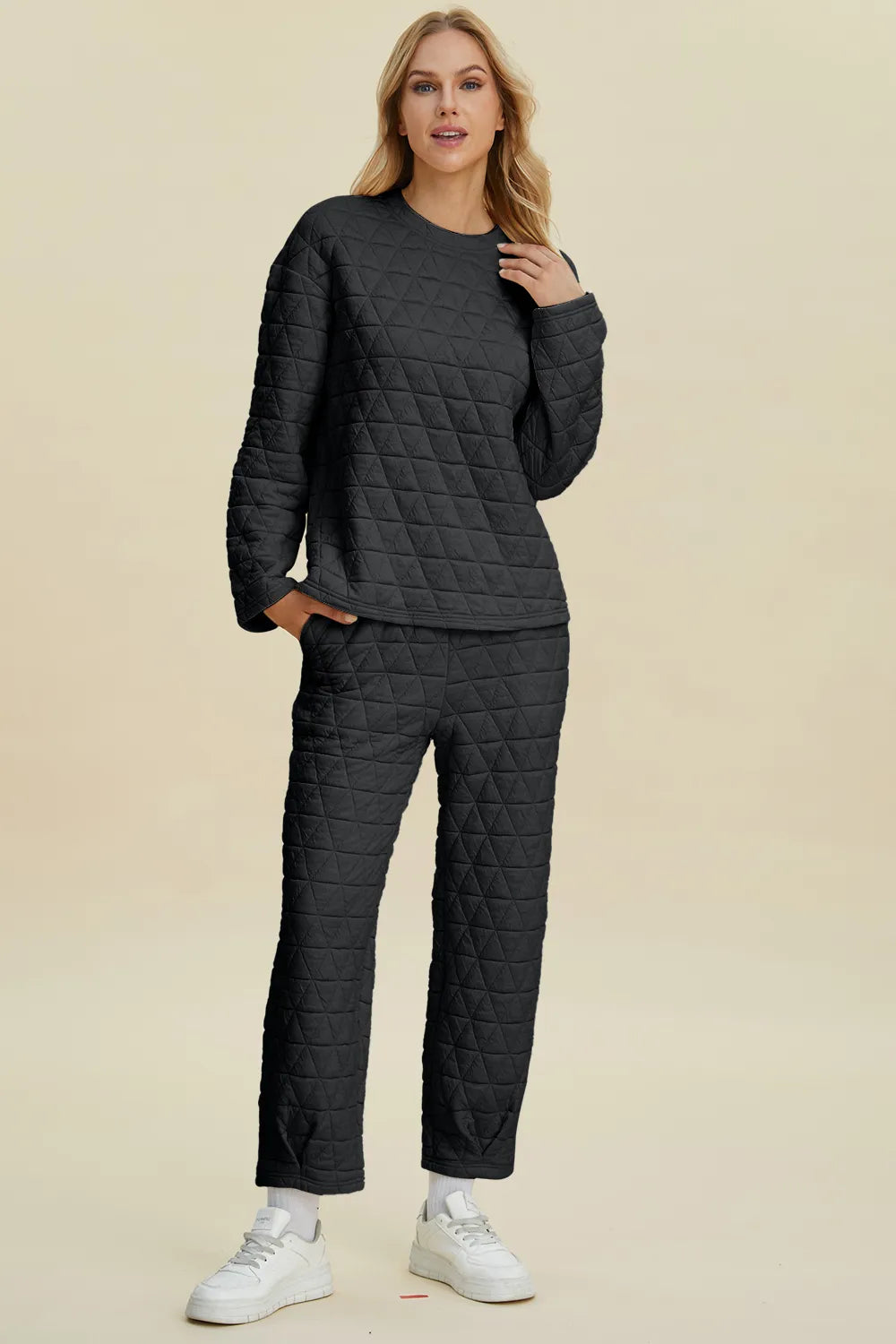Double Take Full Size Texture Round Neck Long Sleeve Top and Pants Set - Lilixa.store
