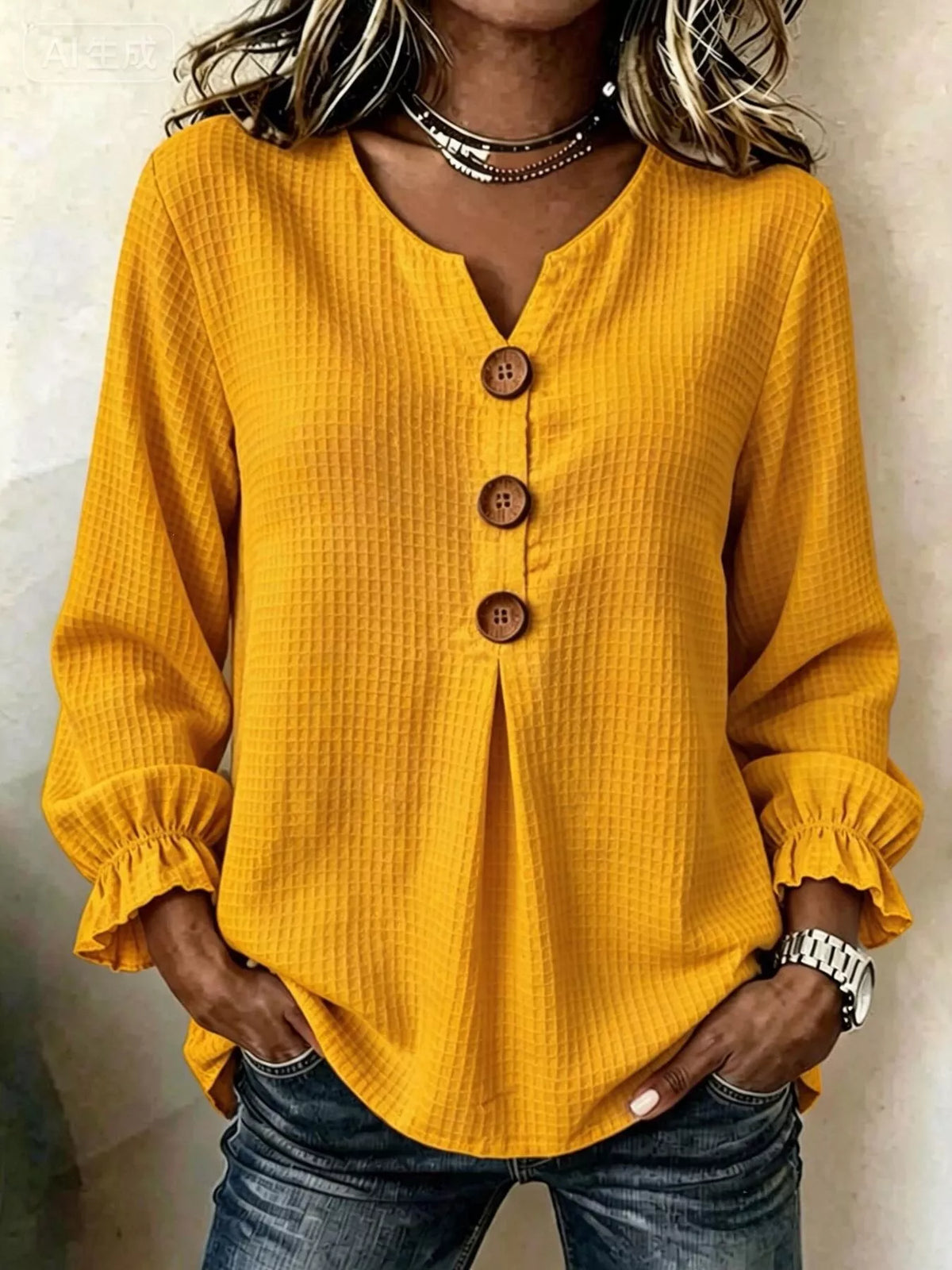 Waffle Knit Flounce Sleeve Top - Lilixa.store