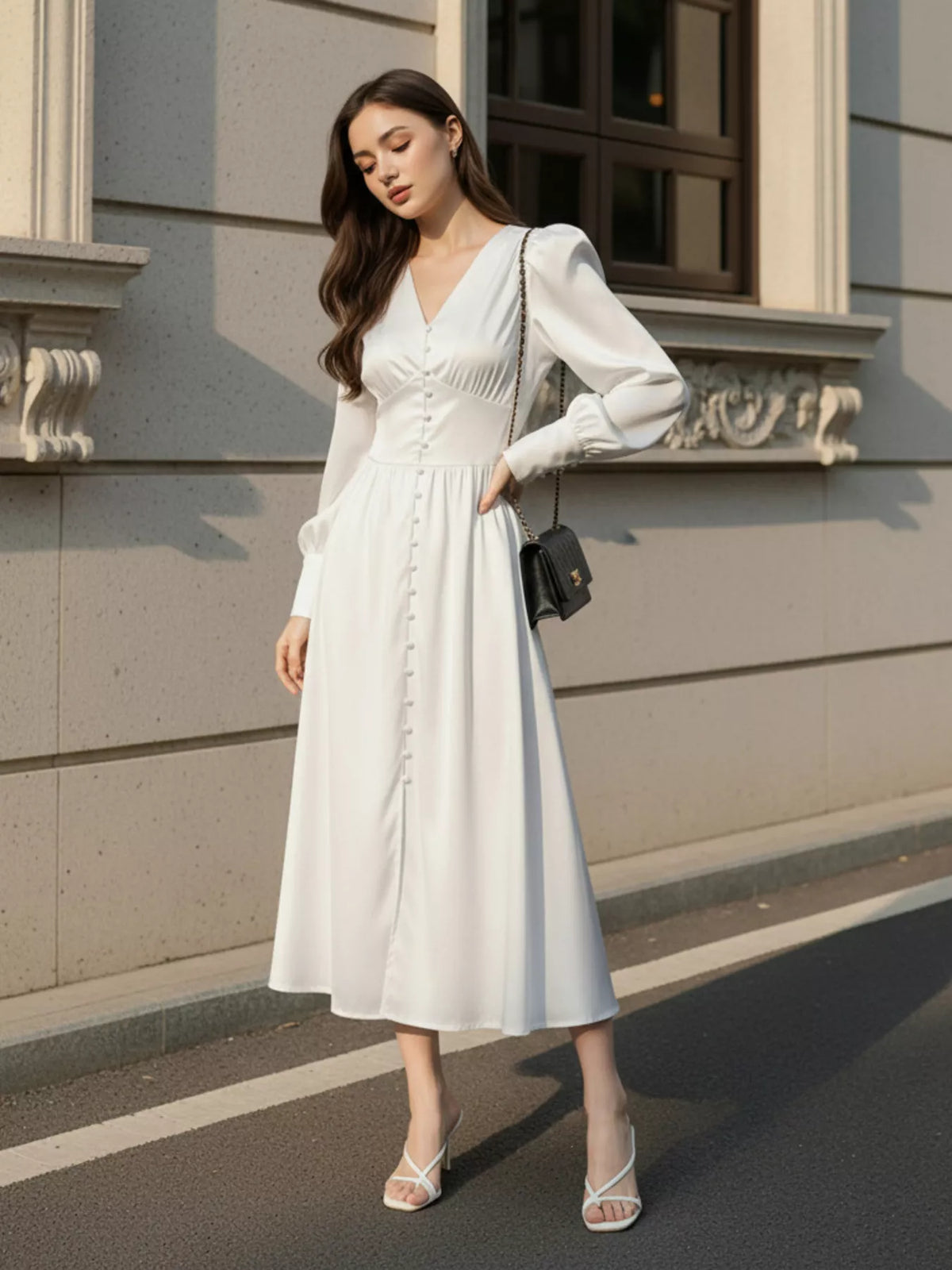 V-Neck Lantern Sleeve Midi Dress