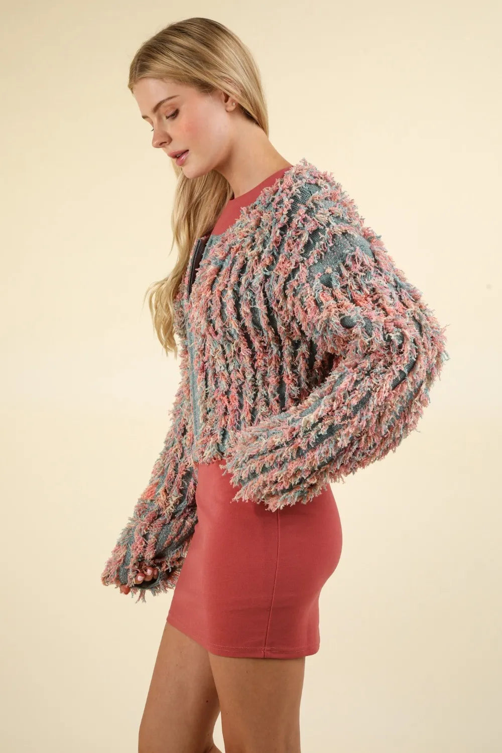 VERY J Shaggy Yarn Knit Zip Up Jacket in Green Multi, view 3