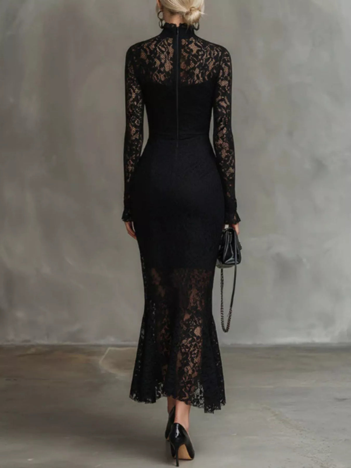 Lace Mock Neck Long Sleeve Mermaid Midi Dress