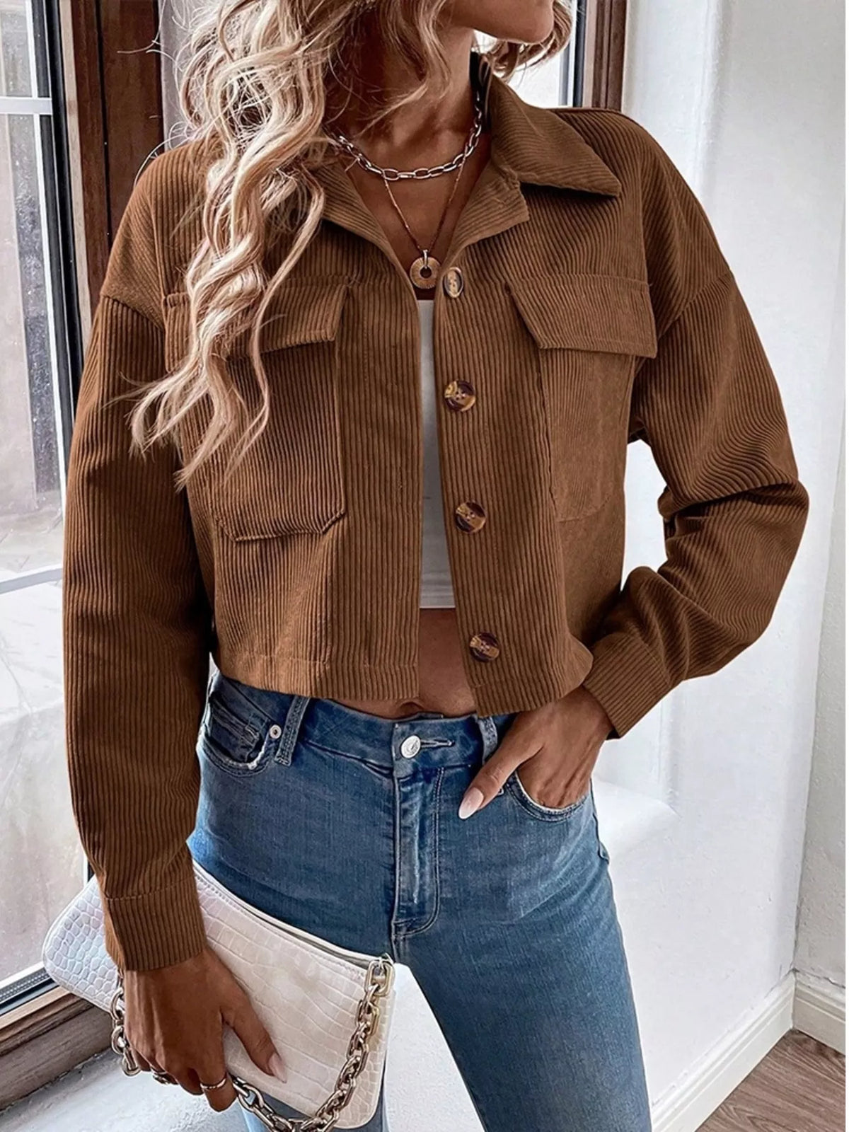 Cropped Corduroy Button-Down Jacket